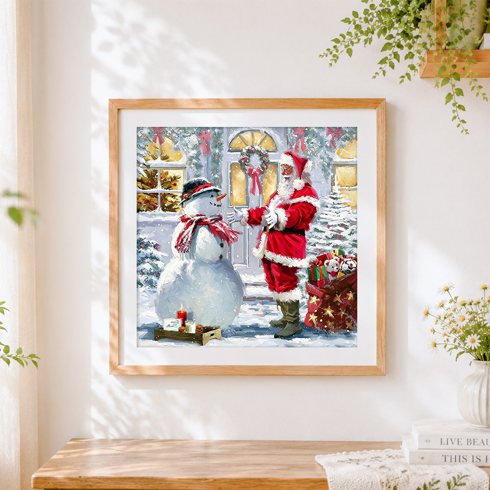Finished santa claus and snowman at the door cross stitch artwork displayed