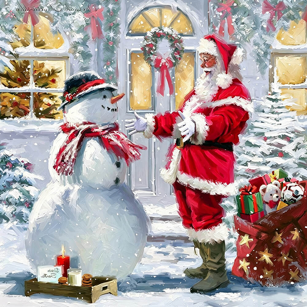 Santa claus and snowman at the door cross stitch kit for beginners
