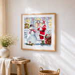 Santa claus and snowman at the door cross stitch artwork displayed on wall as home decor