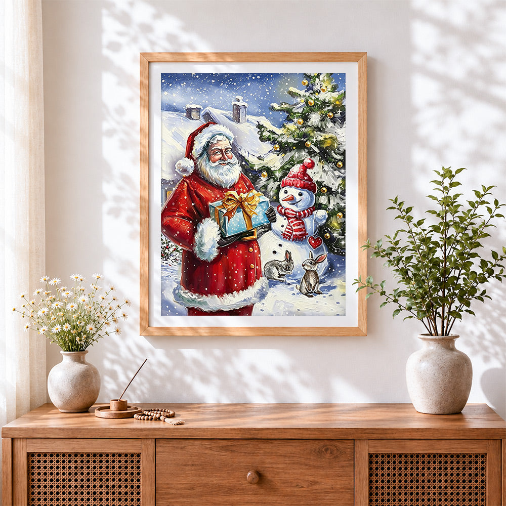 Finished santa claus and snowman by a christmas tree cross stitch artwork displayed