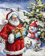 Santa claus and snowman by a christmas tree cross stitch kit for beginners