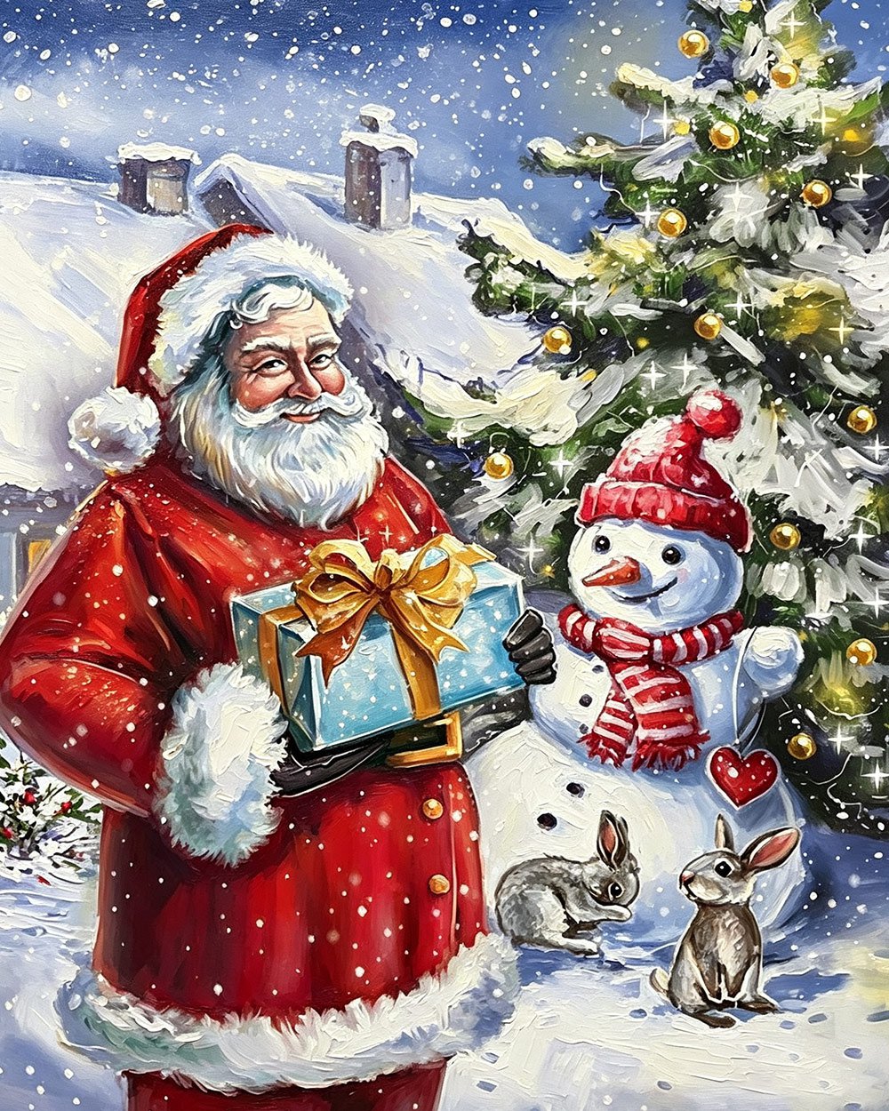 Santa claus and snowman by a christmas tree cross stitch kit for beginners