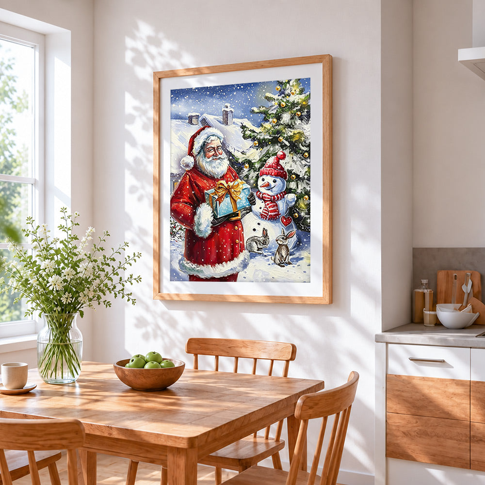 Santa claus and snowman by a christmas tree cross stitch artwork displayed on wall as home decor