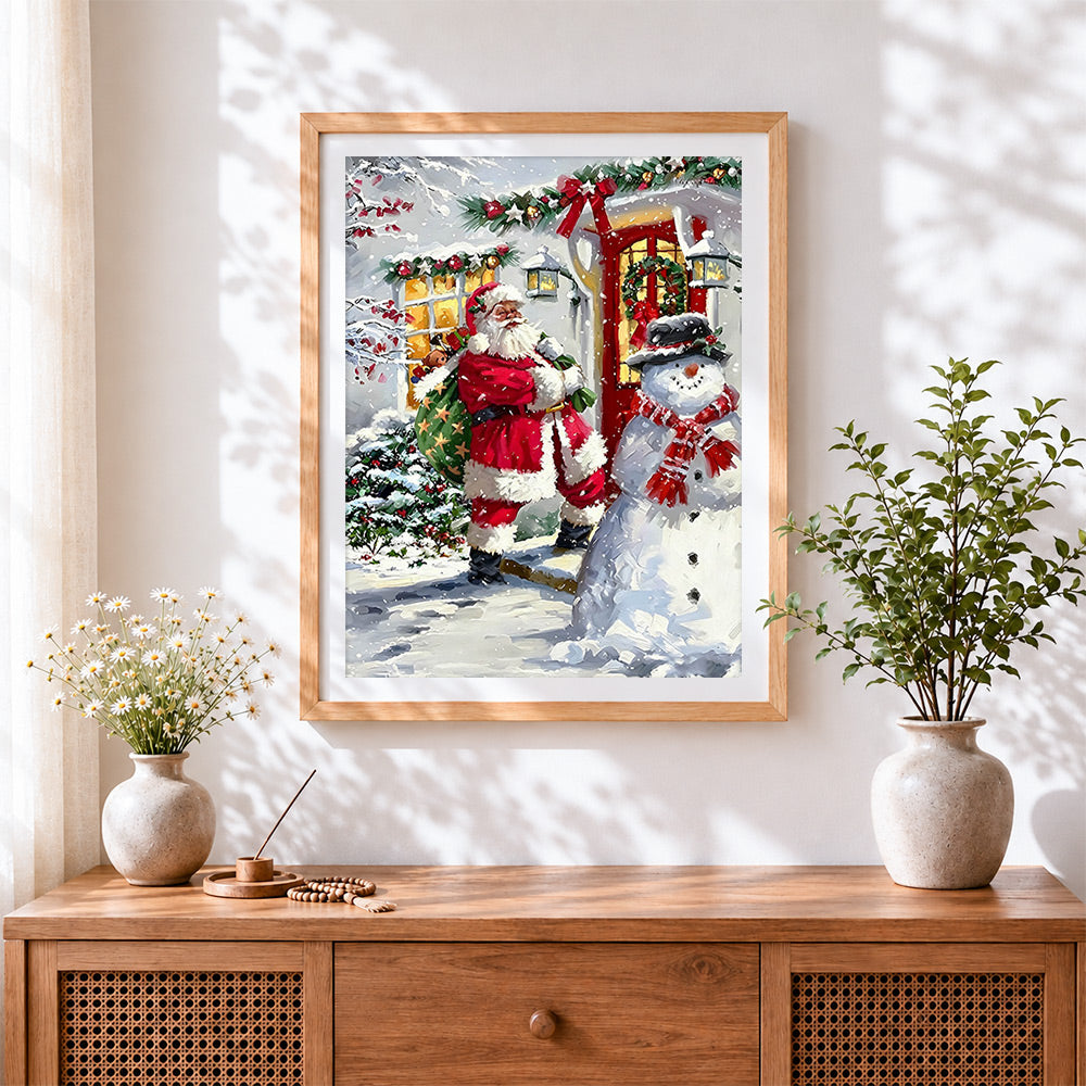 Finished santa claus and snowman by a red door cross stitch artwork displayed