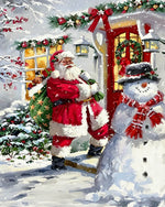 Santa claus and snowman by a red door cross stitch kit for beginners