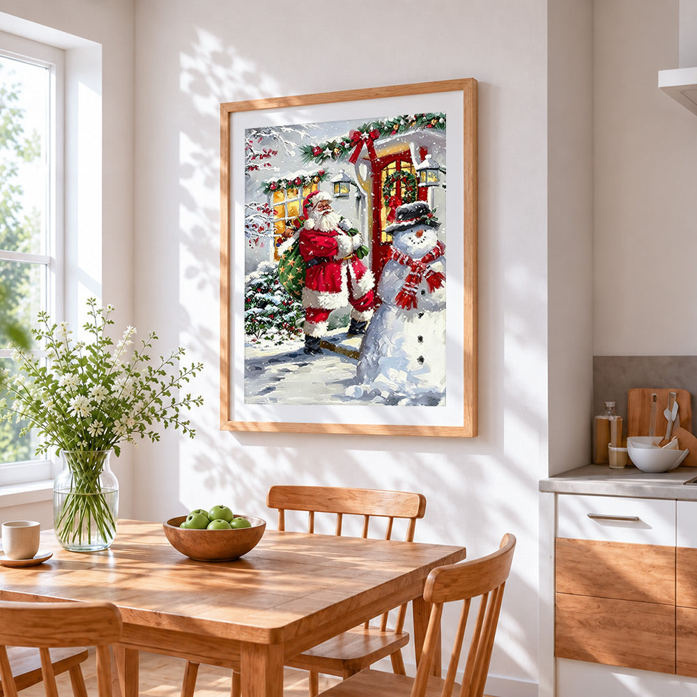 Santa claus and snowman by a red door cross stitch artwork displayed on wall as home decor