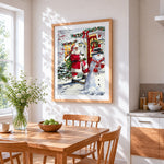 Santa claus and snowman by a red door cross stitch artwork displayed on wall as home decor