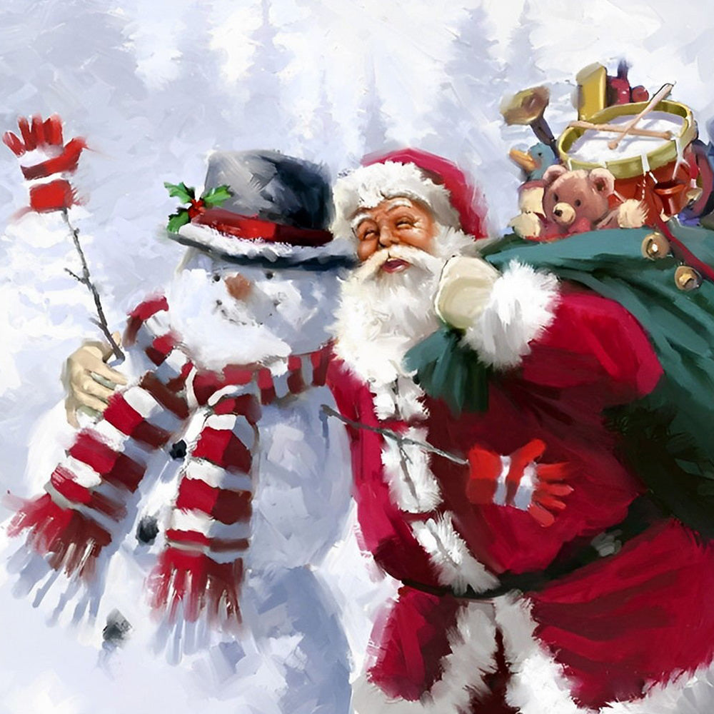 Santa claus and snowman with gift sack cross stitch kit for beginners