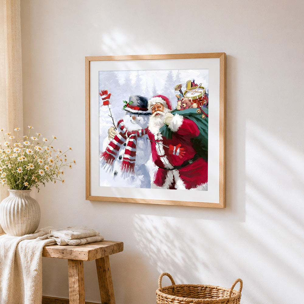 Santa claus and snowman with gift sack cross stitch artwork displayed on wall as home decor