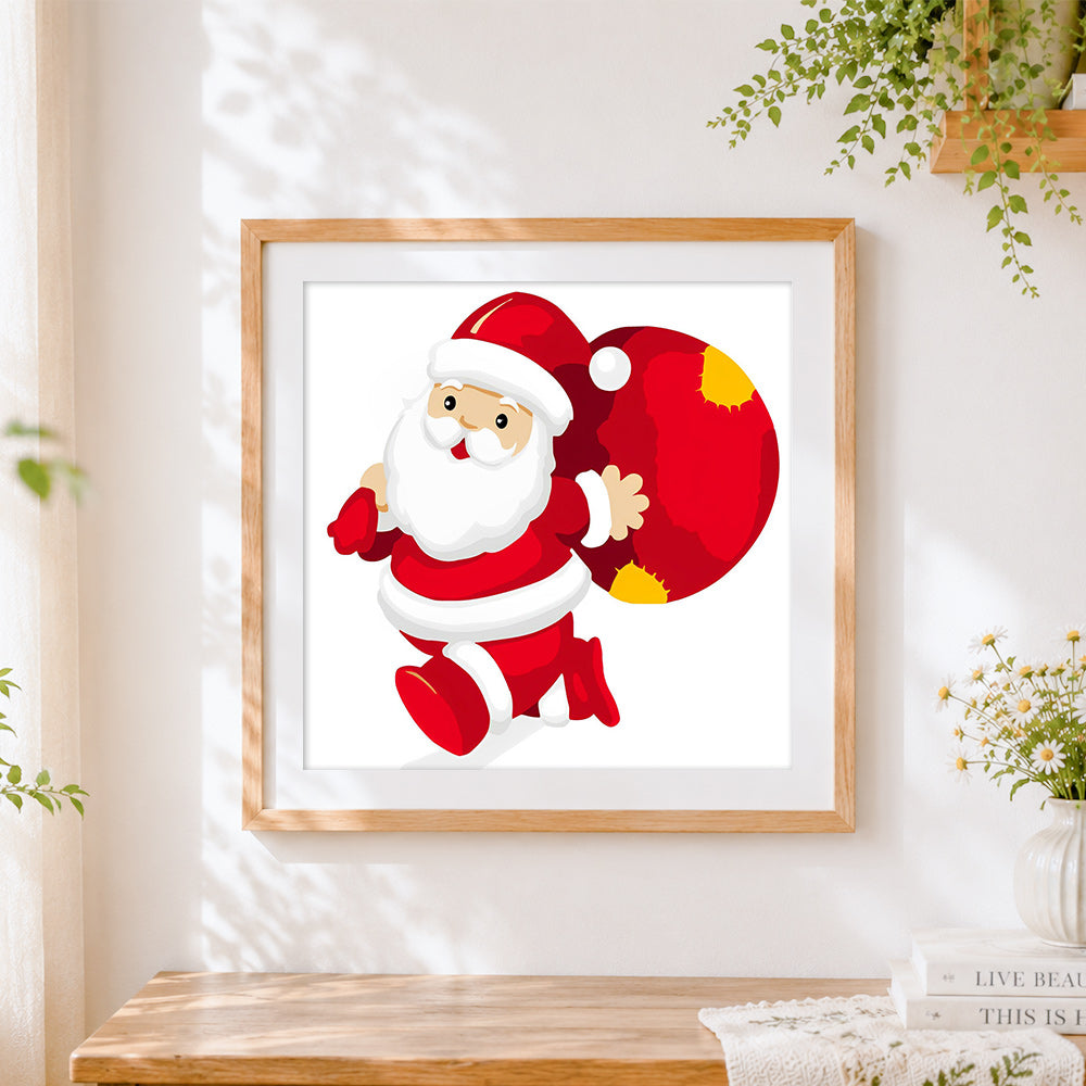 Finished santa claus carrying a red gift sack cross stitch artwork displayed