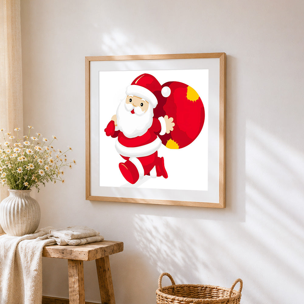 Santa claus carrying a red gift sack paint by numbers artwork displayed on wall as home decor