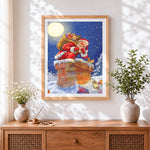 Finished santa claus climbing a snowy chimney cross stitch artwork displayed