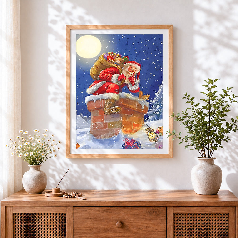 Finished santa claus climbing a snowy chimney cross stitch artwork displayed