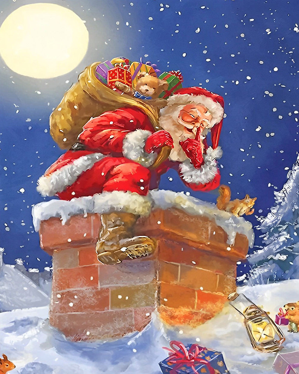 Santa claus climbing a snowy chimney cross stitch kit for beginners