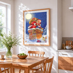 Santa claus climbing a snowy chimney cross stitch artwork displayed on wall as home decor