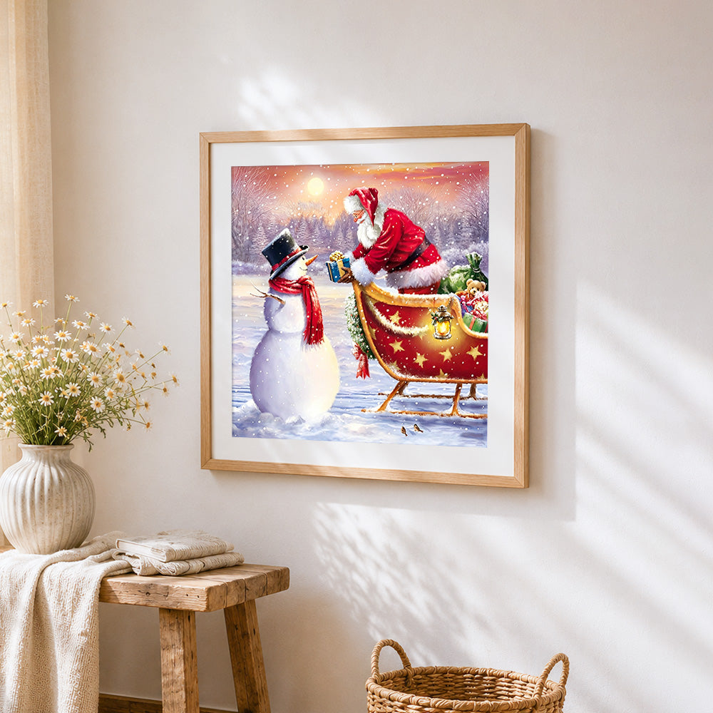 Santa claus giving gift to snowman cross stitch artwork displayed on wall as home decor