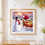 Finished santa claus giving gift to snowman paint by numbers artwork displayed as home decor
