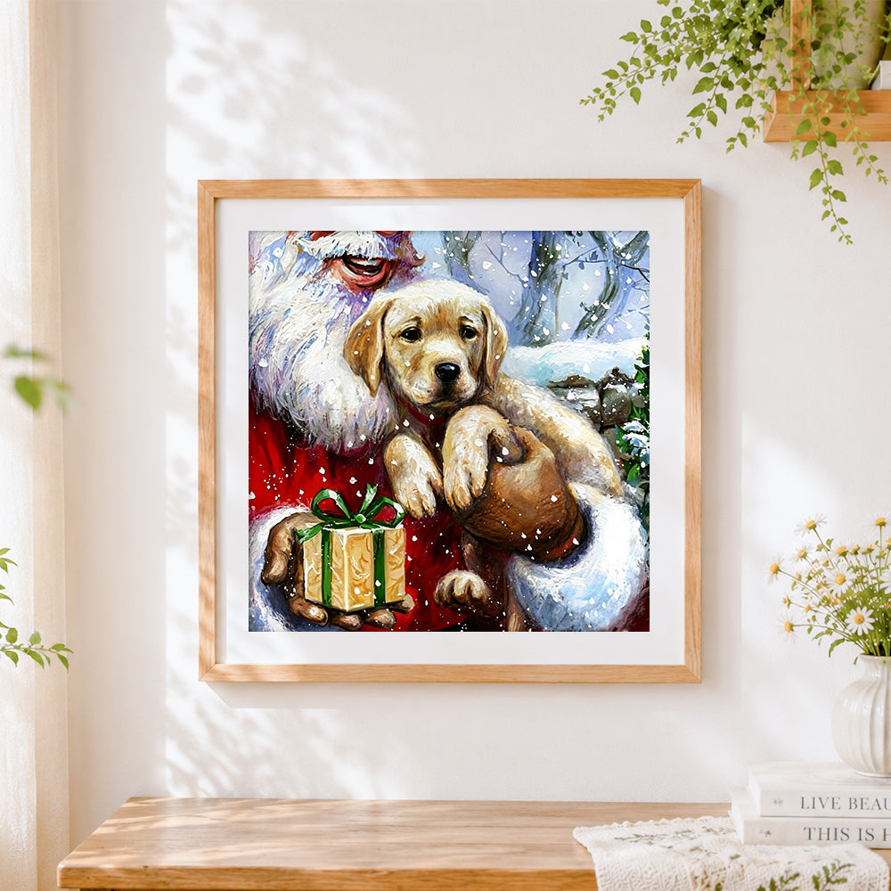 Finished santa claus holding a golden puppy cross stitch artwork displayed