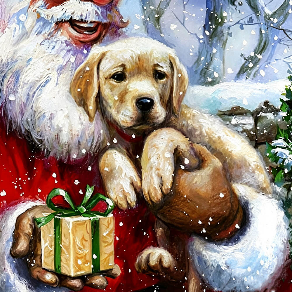 Santa claus holding a golden puppy cross stitch kit for beginners