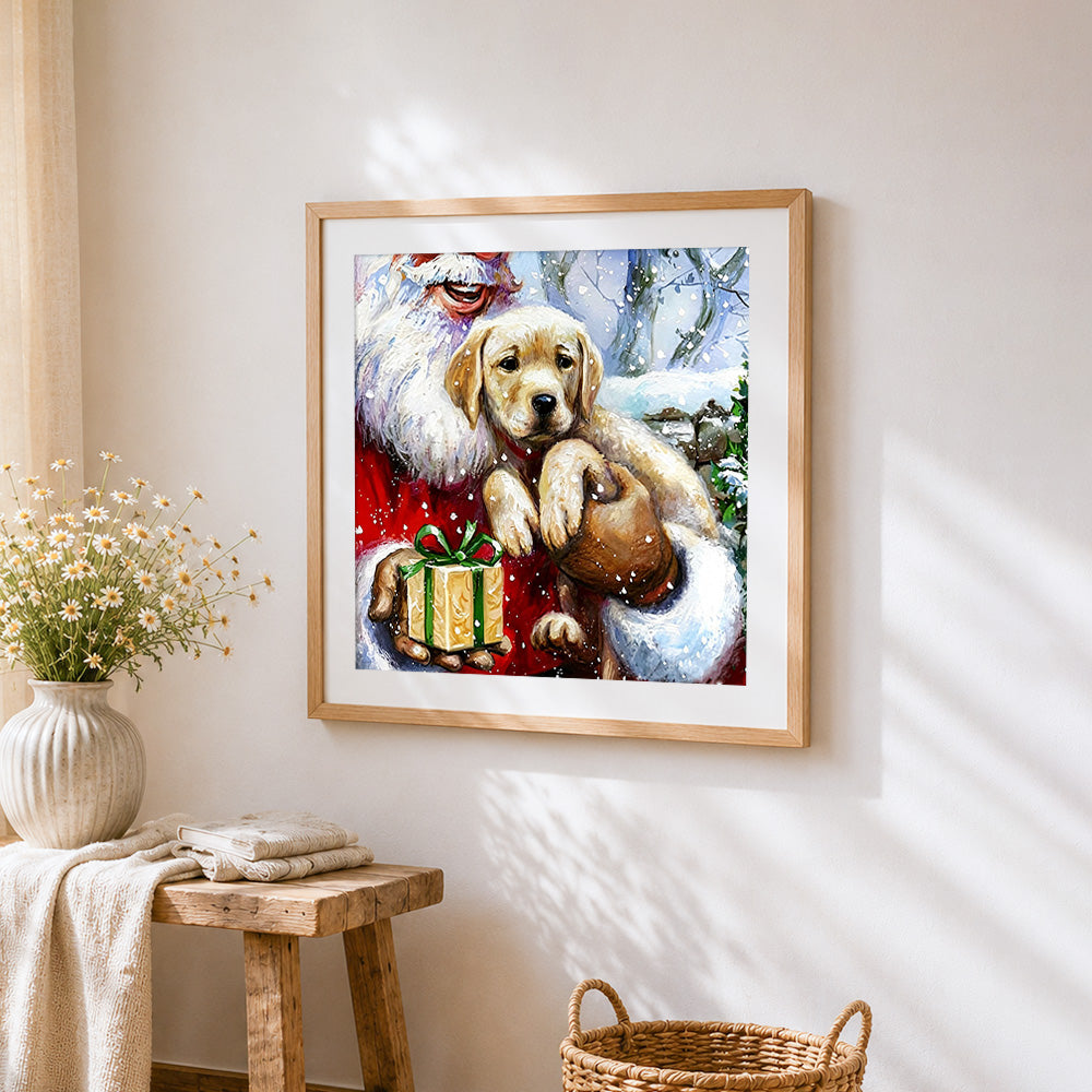 Santa claus holding a golden puppy cross stitch artwork displayed on wall as home decor