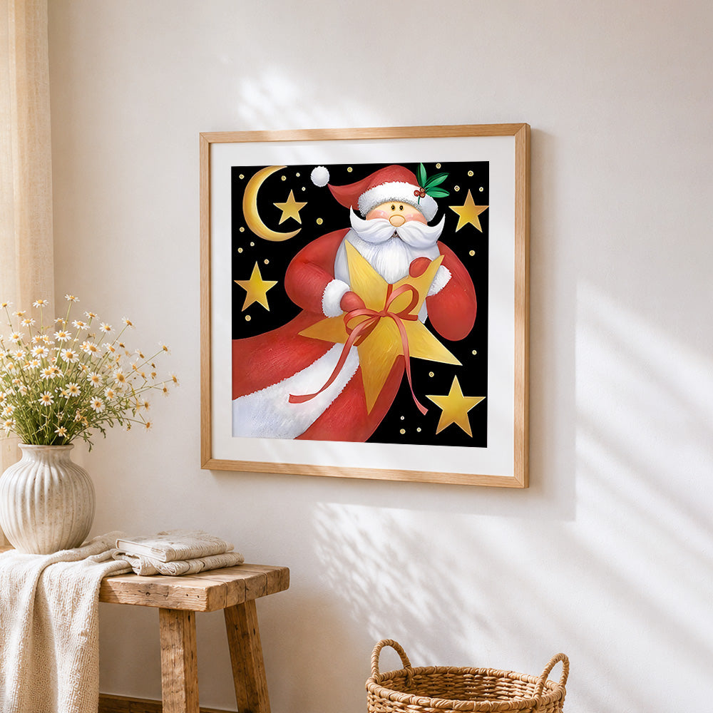 Santa claus holding a golden star cross stitch artwork displayed on wall as home decor
