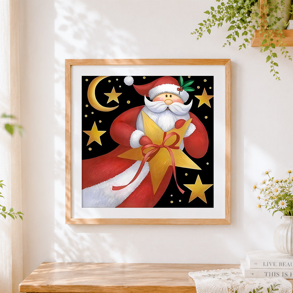 Finished santa claus holding a golden star paint by numbers artwork displayed as home decor