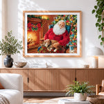 Finished santa claus relaxing by the fire with cat cross stitch artwork displayed