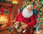 Santa claus relaxing by the fire with cat cross stitch kit for beginners