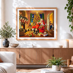 Finished santa claus sleeping by the christmas tree cross stitch artwork displayed