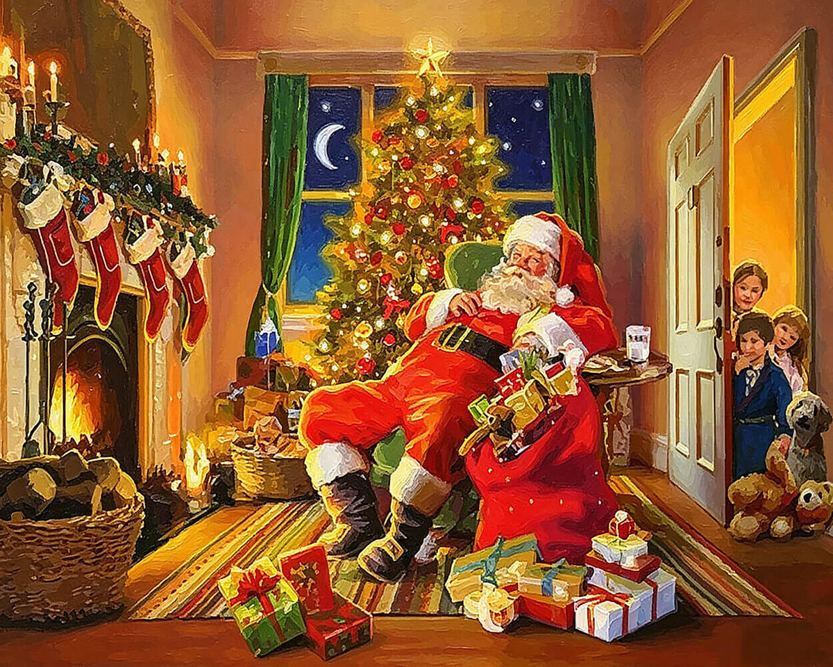 Santa claus sleeping by the christmas tree cross stitch kit for beginners