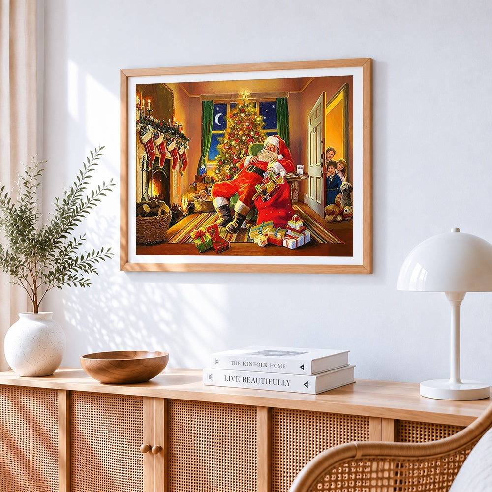 Santa claus sleeping by the christmas tree cross stitch artwork displayed on wall as home decor