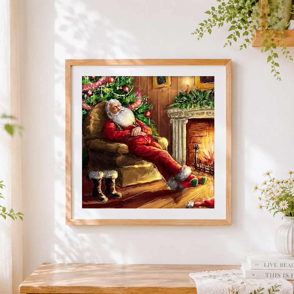 Finished santa claus sleeping by the fireplace cross stitch artwork displayed