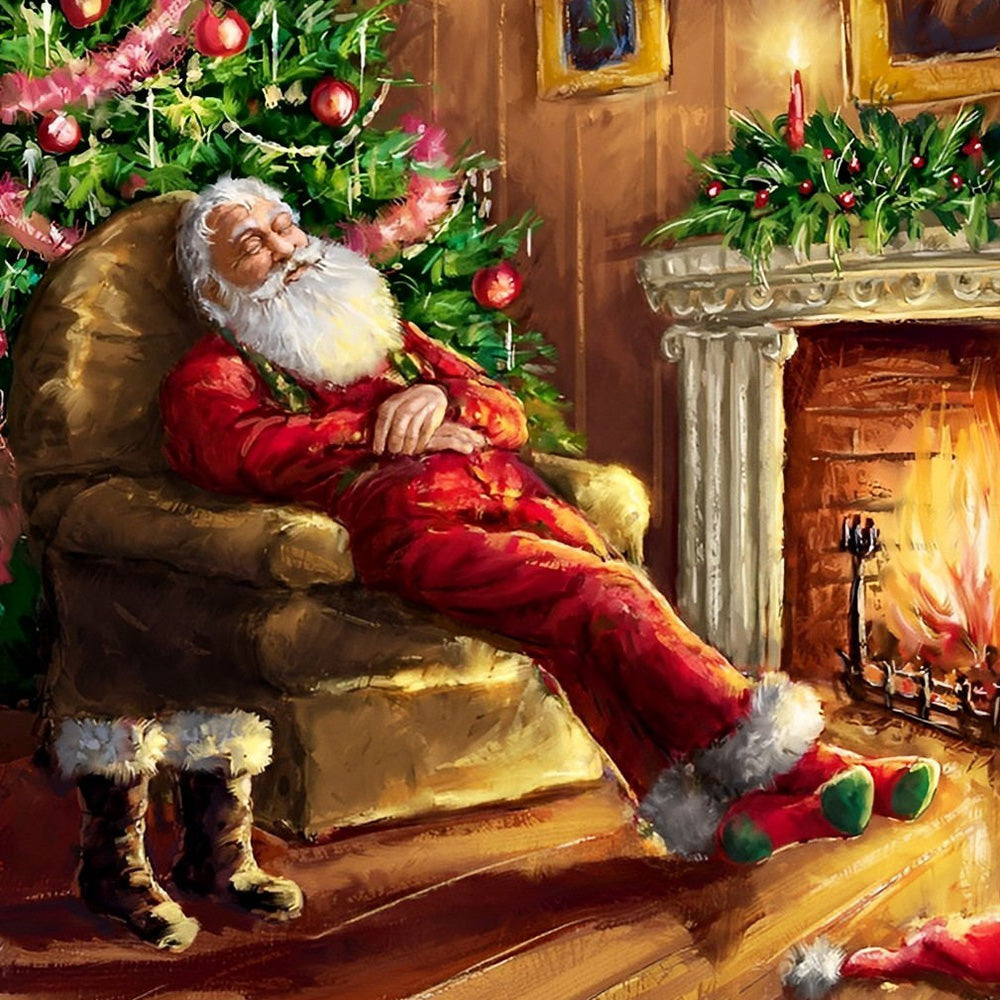 Santa claus sleeping by the fireplace cross stitch kit for beginners