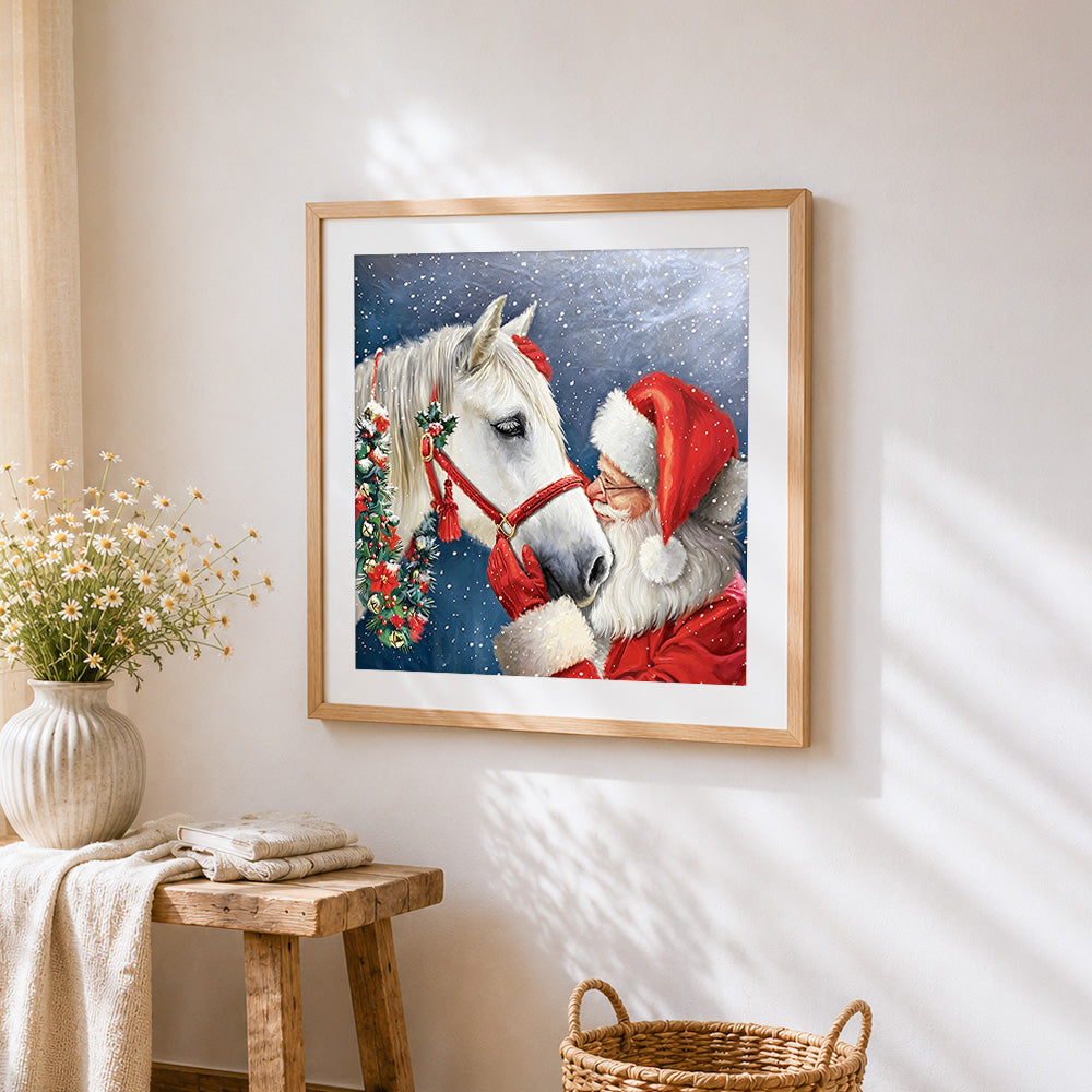 Santa claus with a white horse paint by numbers artwork displayed on wall as home decor