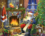 Santa claus with cats and dogs by the fire cross stitch kit for beginners