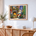 Santa claus with cats and dogs by the fire cross stitch artwork displayed on wall as home decor