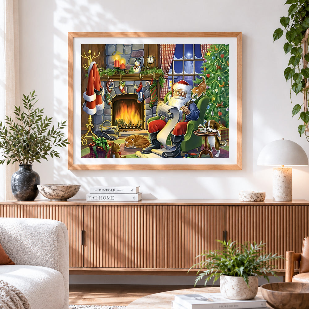 Finished santa claus with cats and dogs by the fire paint by numbers artwork displayed as home decor