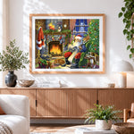 Finished santa claus with cats and dogs by the fire paint by numbers artwork displayed as home decor