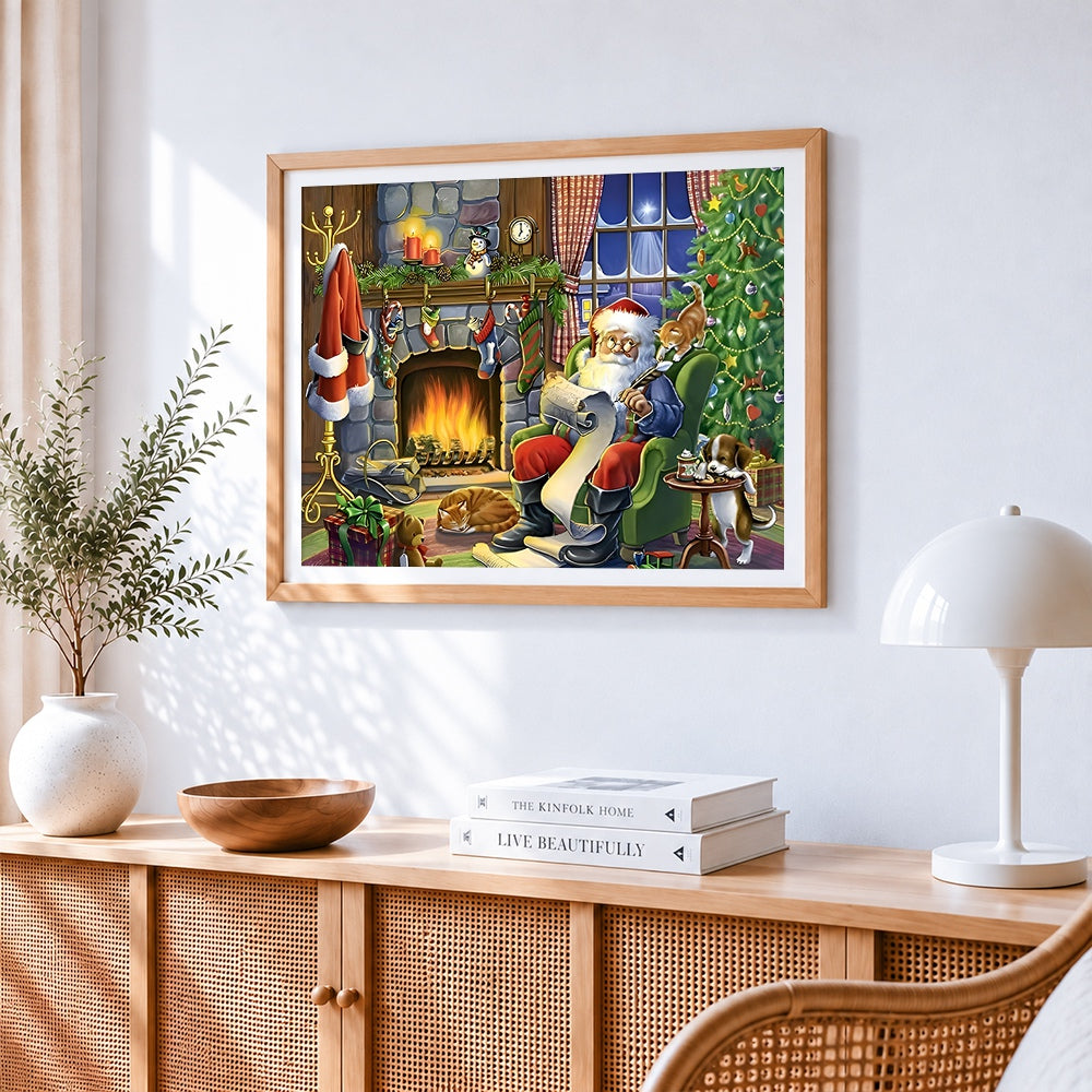 Santa claus with cats and dogs by the fire paint by numbers artwork displayed on wall as home decor