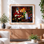 Finished santa claus with children and globe cross stitch artwork displayed