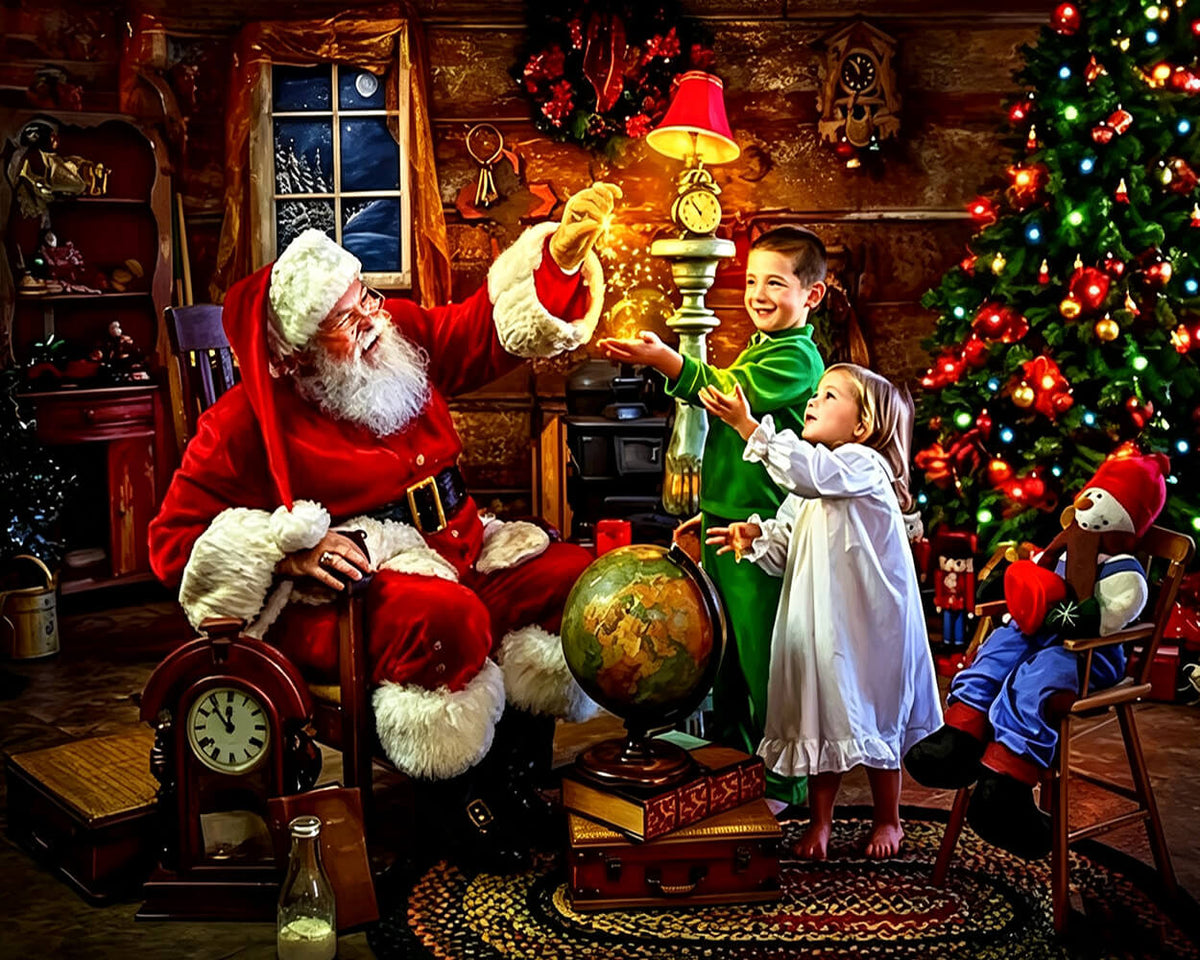 Santa claus with children and globe cross stitch kit for beginners