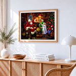 Santa claus with children and globe cross stitch artwork displayed on wall as home decor