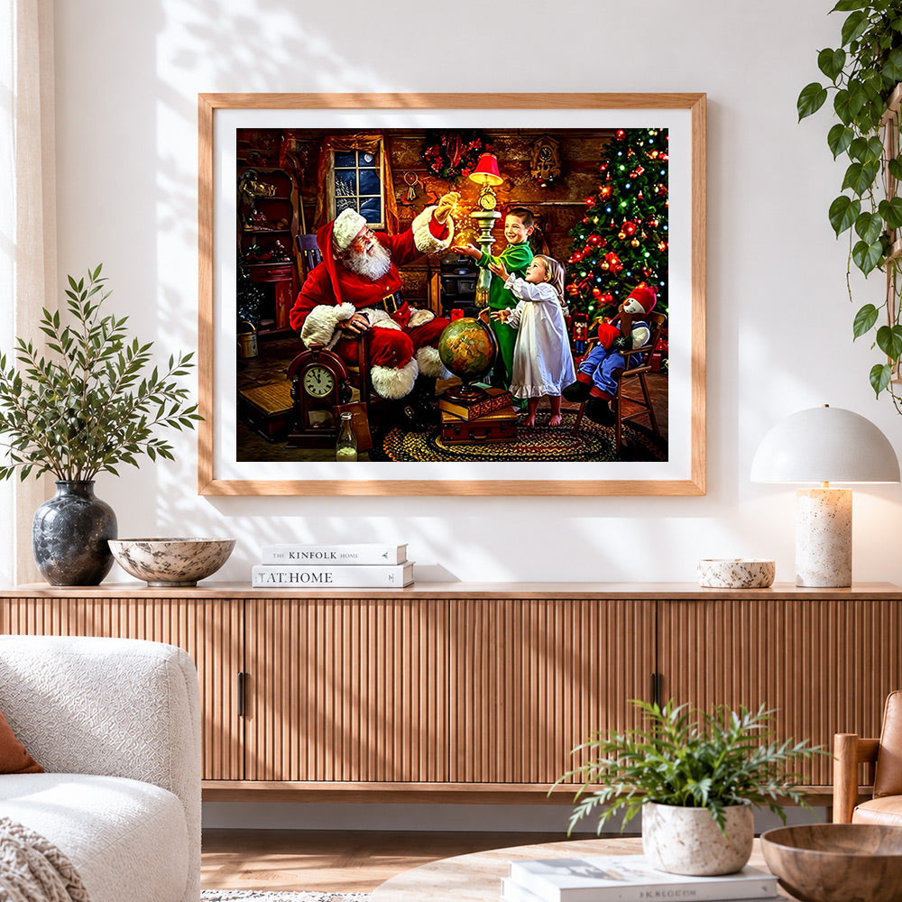 Finished santa claus with children and globe paint by numbers artwork displayed as home decor