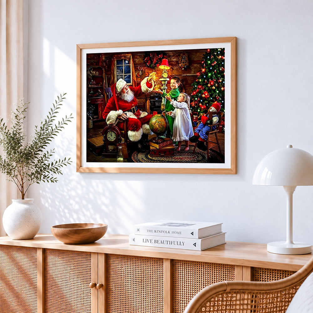 Santa claus with children and globe paint by numbers artwork displayed on wall as home decor