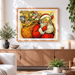 Finished santa claus with gift sack cross stitch artwork displayed