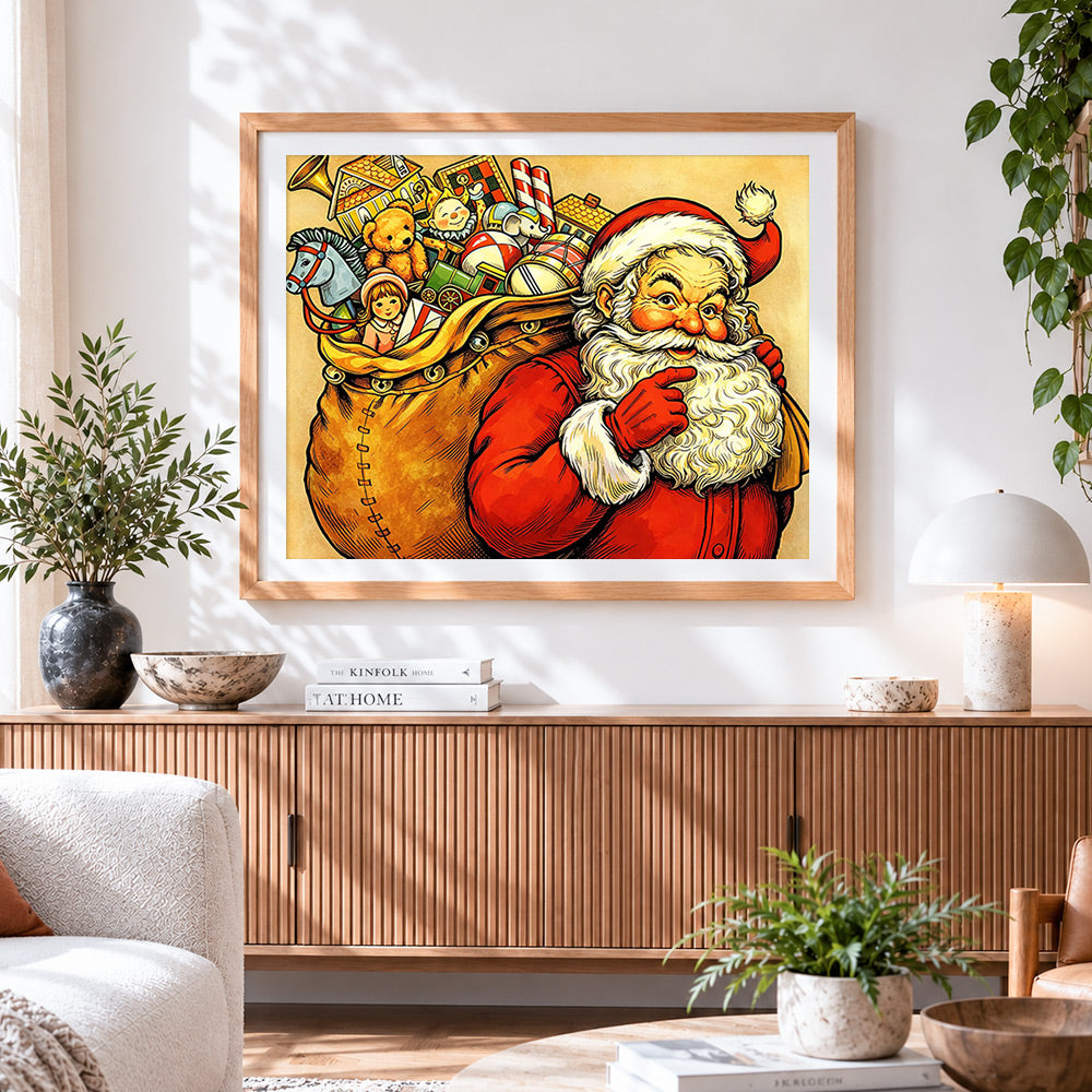 Finished santa claus with gift sack cross stitch artwork displayed