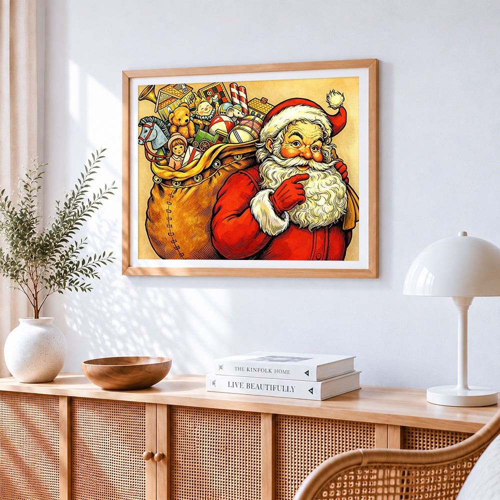 Santa claus with gift sack cross stitch artwork displayed on wall as home decor