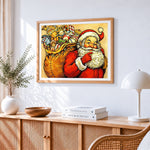 Santa claus with gift sack paint by numbers artwork displayed on wall as home decor