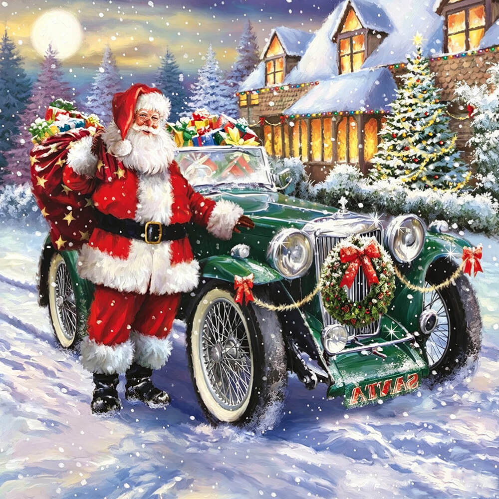 Santa claus with green vintage car paint by numbers kit for beginners