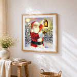 Santa claus with lantern paint by numbers artwork displayed on wall as home decor